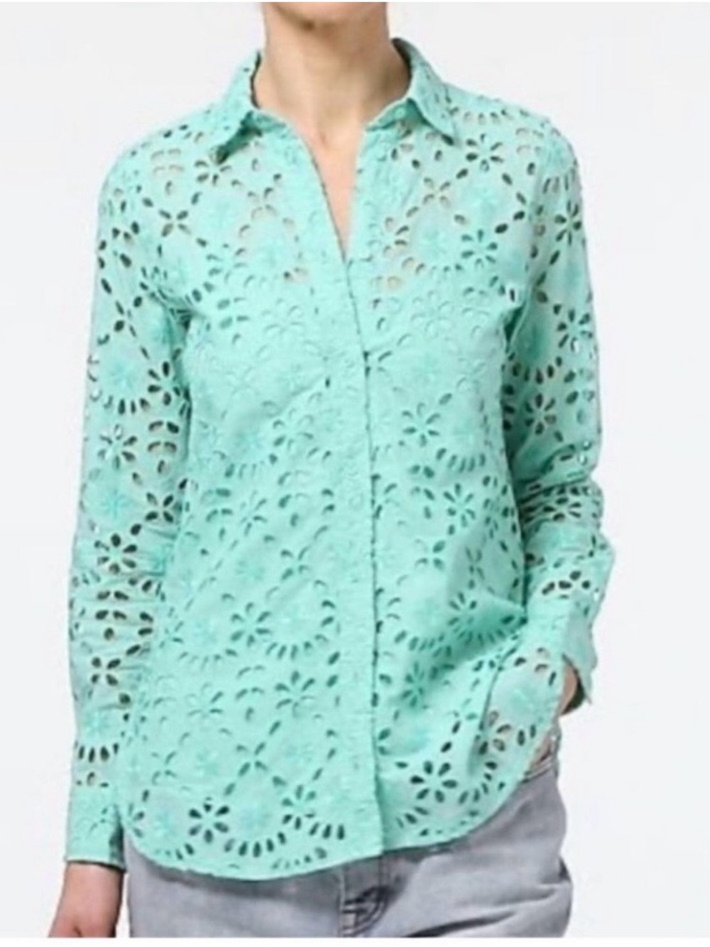 J. Crew Mint Green Button-Down Shirt embroidered eyelet